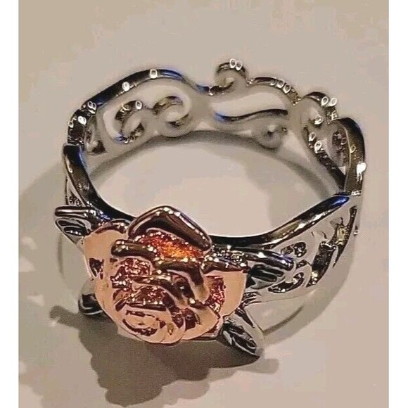 Beautiful Rose Gold Tone & Silver Plate Ornate Open Scroll Band Ring Sz 7.5 - Picture 1 of 6